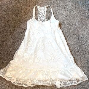 Hollister Babydoll Embroidered Floral Lace mini dress. Crochet halter back. Boho